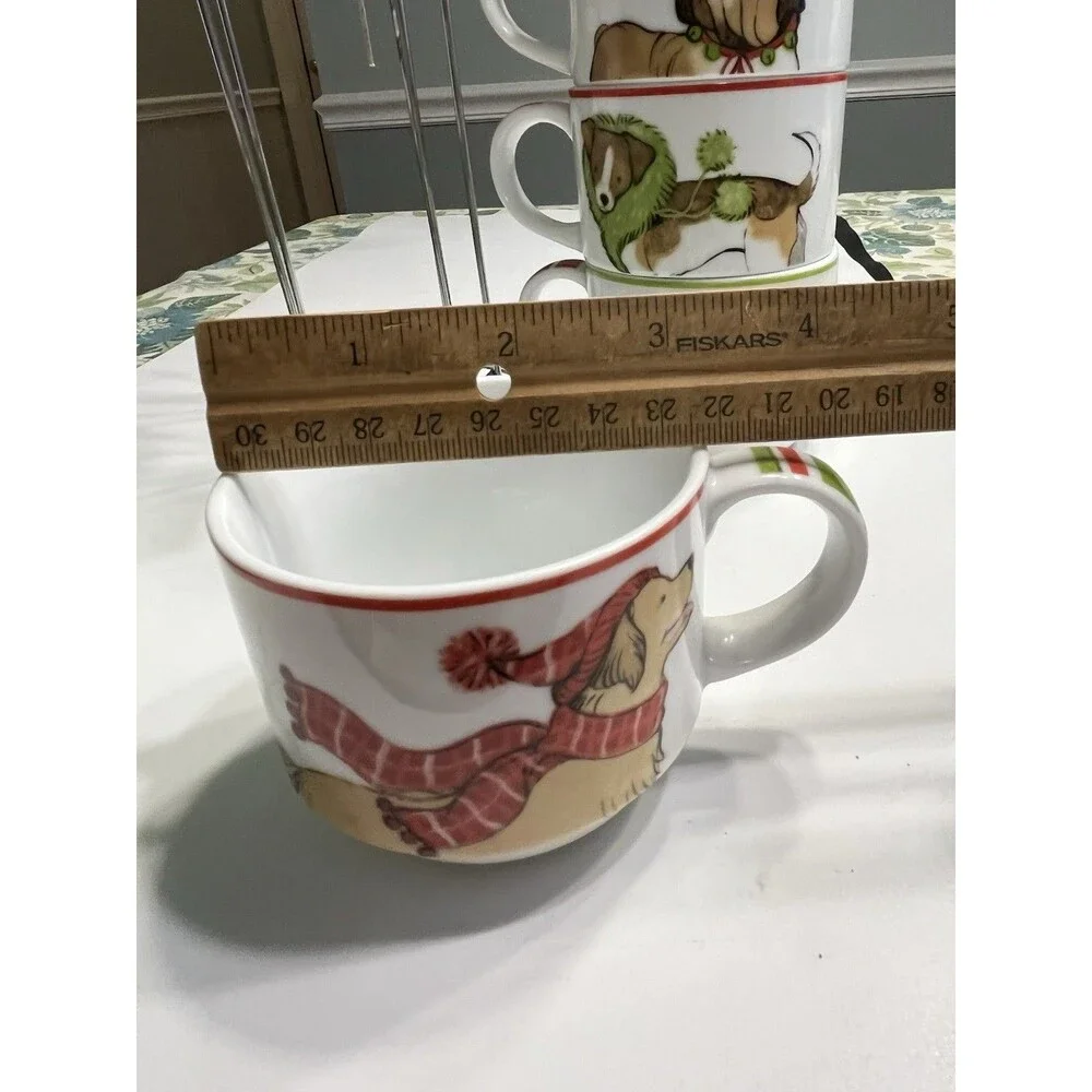 Pier 1 One Christmas Pup Dogs Stacking Mugs Stand Stoneware Holiday Cups